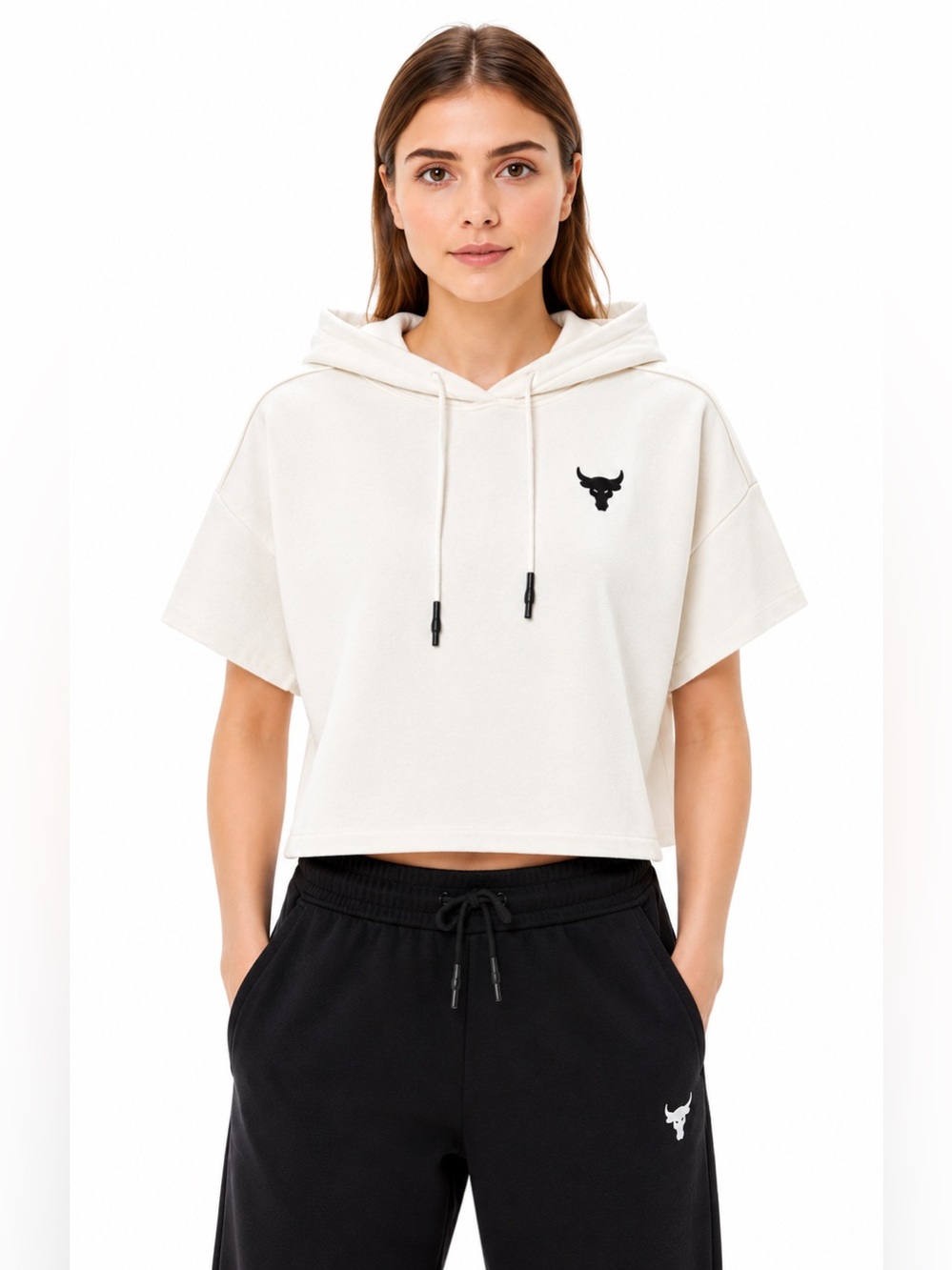 Under Armour Project Rock Crop Hoodie Womens L Cream